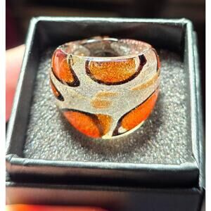 Handcrafted Murano-Style‎ Glass Ring Animal Print Swirl 7.5